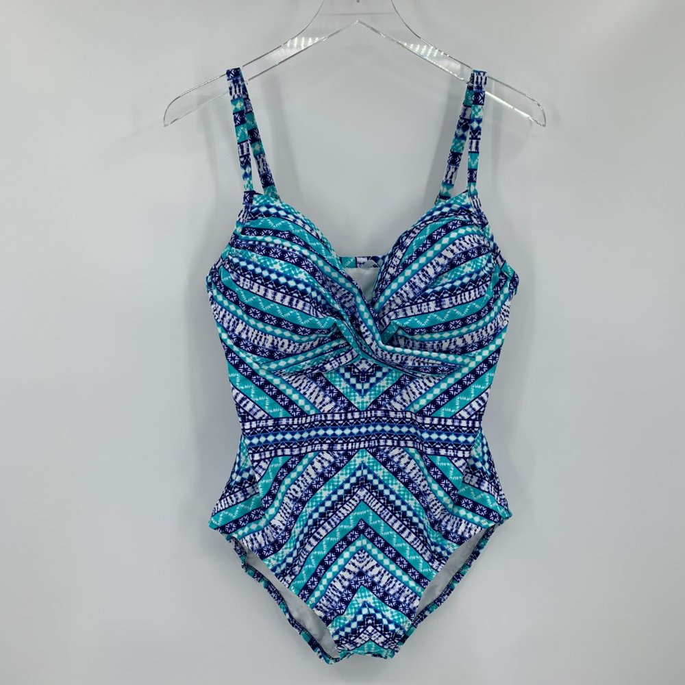 Lands End Tummy Control tank swimsuit blue green stripe underwire new 14